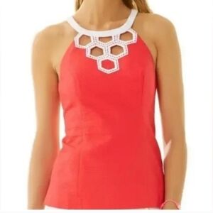 Lilly Pulitzer Tank Top Size 6 Coral Color White Embroidered Lined Back Zipper